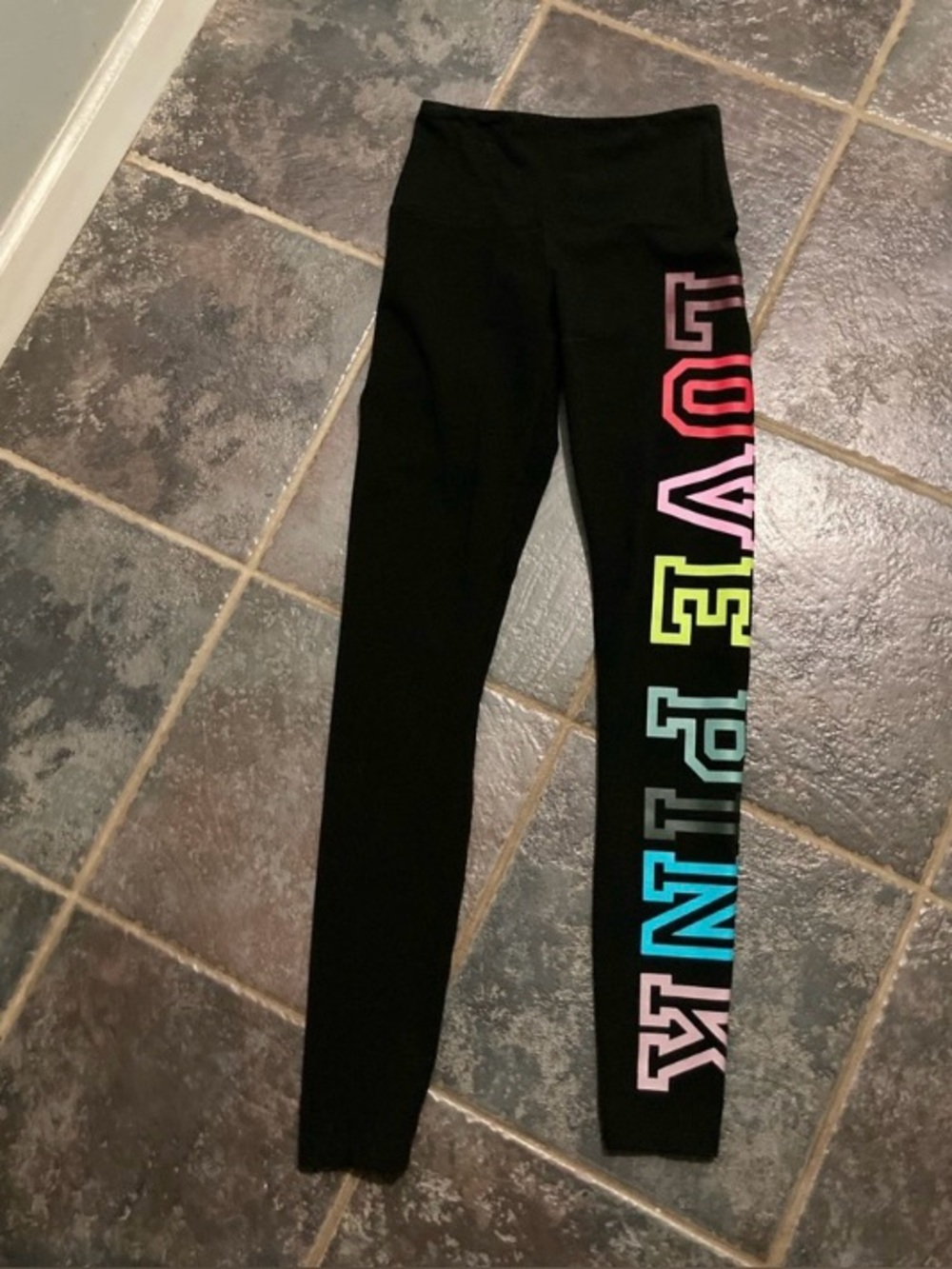 Y2K Victoria's Secret PINK Black Leggings with Rainbow Logo Women’s Size XS
